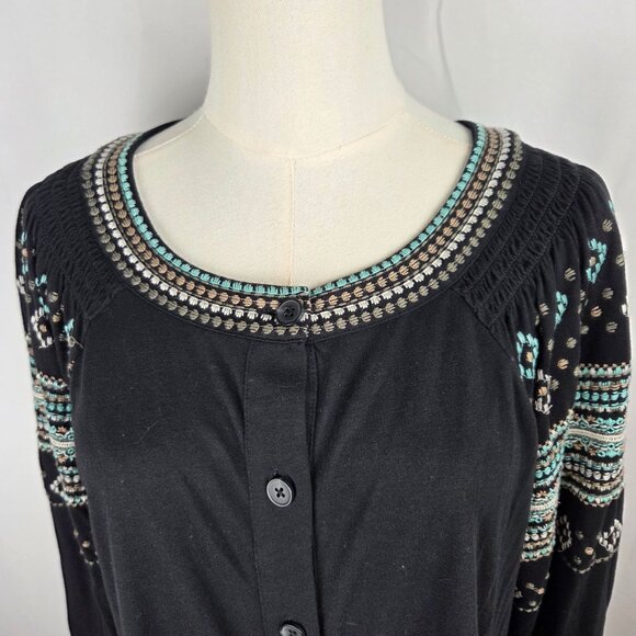 J. Jill Top Shirt Medium Embroidered Black Button-Front Top 3/4 Sleeve Boho - Picture 3 of 8